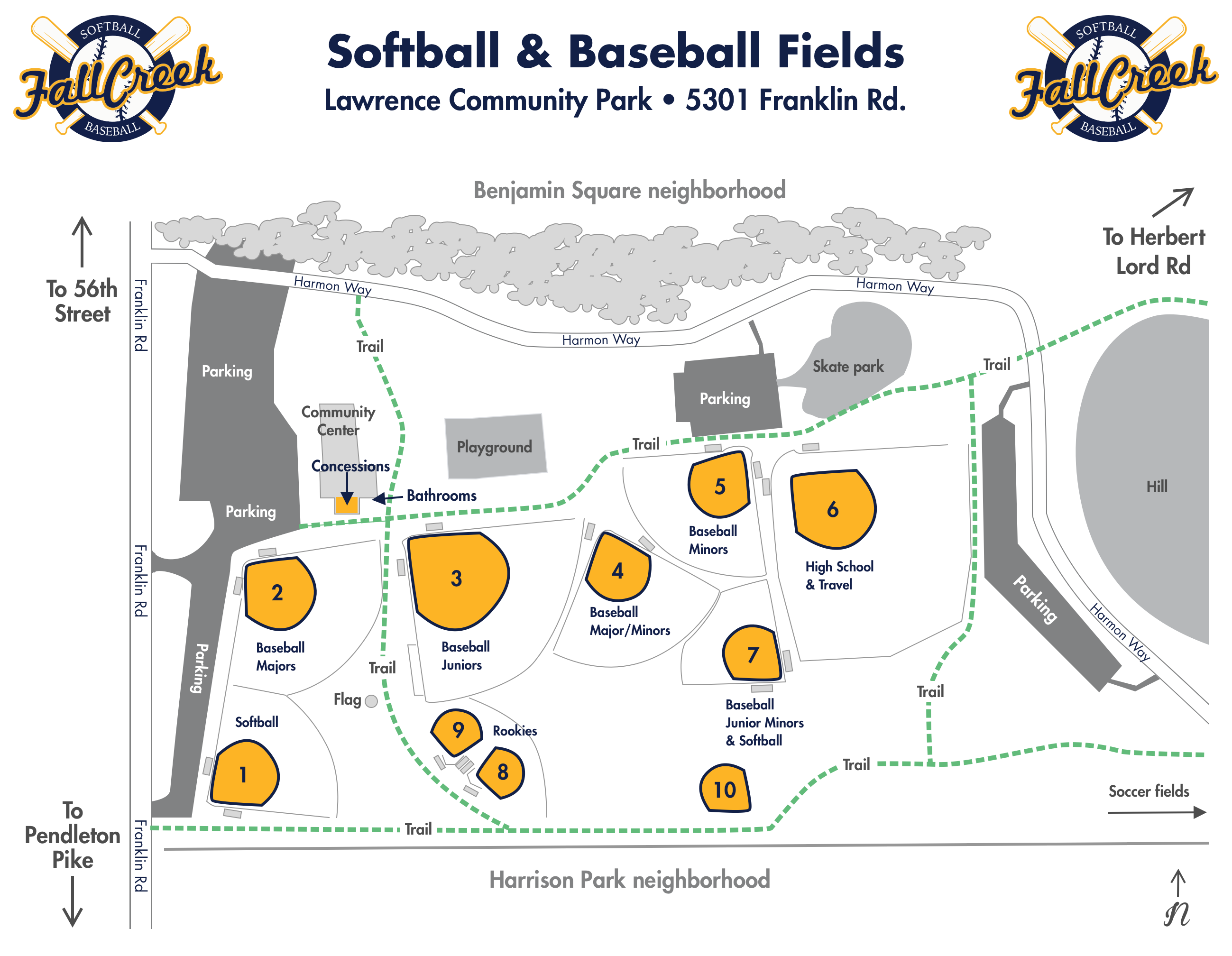 Map of the ball fields at Lawrence Community Park