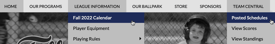 calendar in League Info navigation section, Posted schedules in team central navigation section