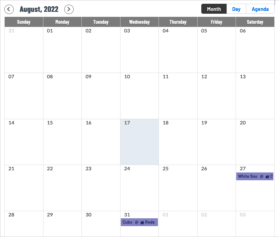 Cubs games for August in calendar view