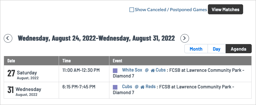 Cubs games for August in agenda view